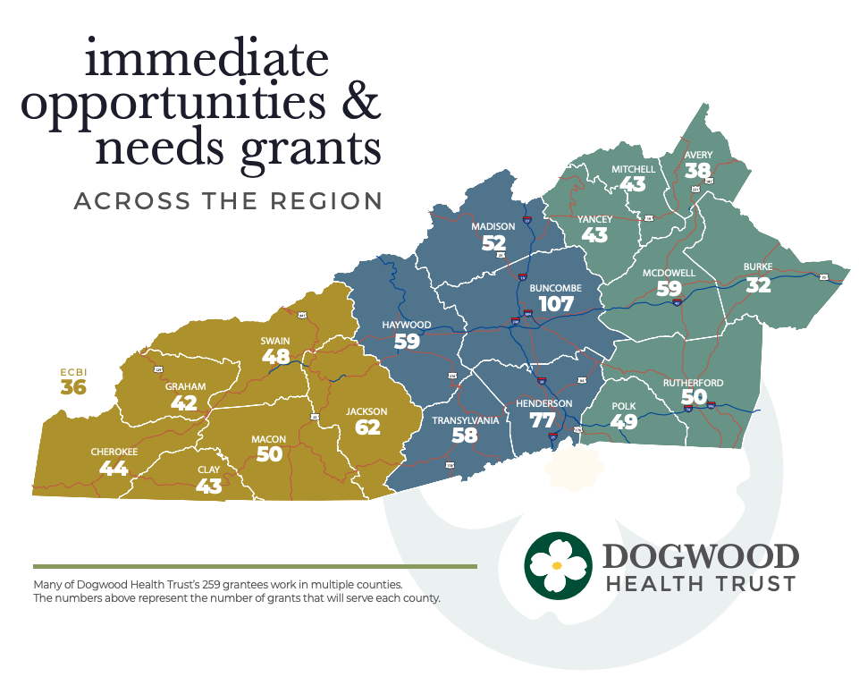 Diagram of western North Carolina with major highways and number of immediate opportunities and needs grants in each county.