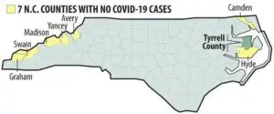 Diagram of North Carolina counties with rural counties with no Covid 19 cases in yellow.