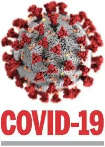Blood cell rendering with "COVID-19" writien in red