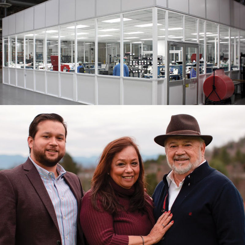 Romero family portrait below image of testing lab with large windows to see in.