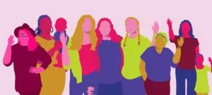 Graphic of women's silhouettes in pinks, yellows, greens, and violets.