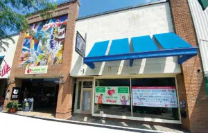 Front of the Hands On Children's Museum with colorful posters, a mural, and blue awning.
