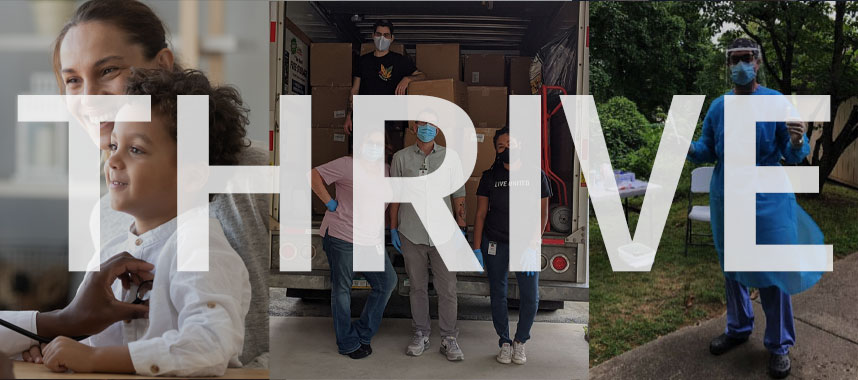 Images of healthcare workers and volunteers with "THRIVE" written over them.