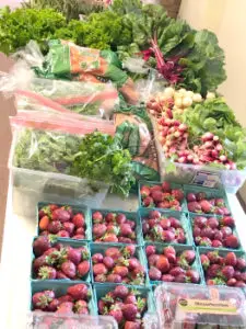 Table with strawberries, radishes, bagged lettuces, herbs, and carrots on top.