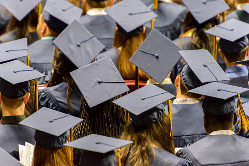 Shot from behind group of graduates wearing black graduation caps