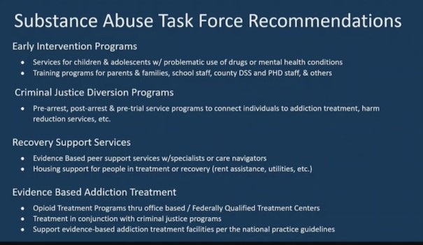 Substance Abuse Task Force Recommendations in a bulleted list