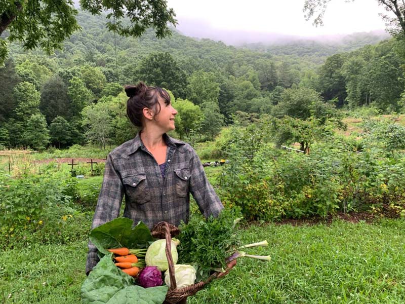 Woman harvesting produce from community garden