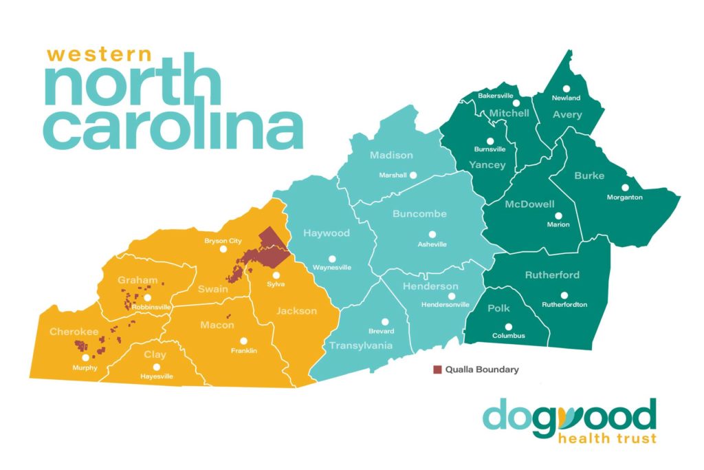 Western North Carolina map with color coded regions