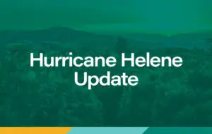 Graphic reads, "Hurricane Helene Update" with a woodsy background