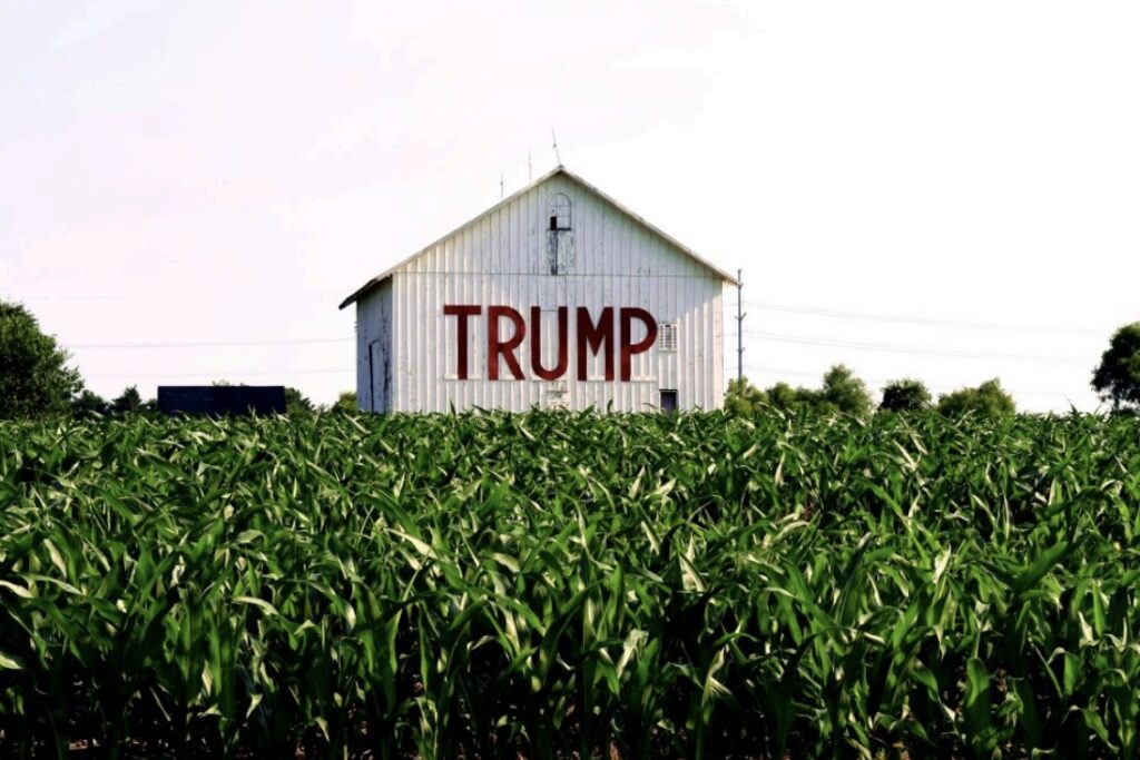 A white barn with the name "TRUMP" in red, set on a farm.