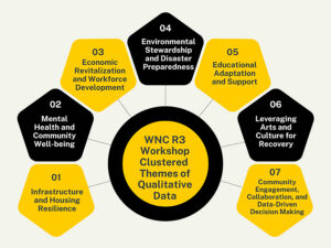 An infographic for WNC R3 workshop clustered themes of qualitative data.
