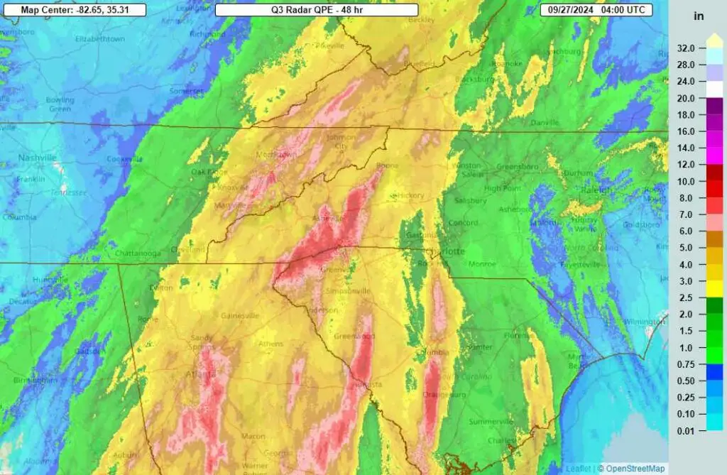 Weather map showing heavy rainfall across the southeastern United States caused by Hurricane Helene