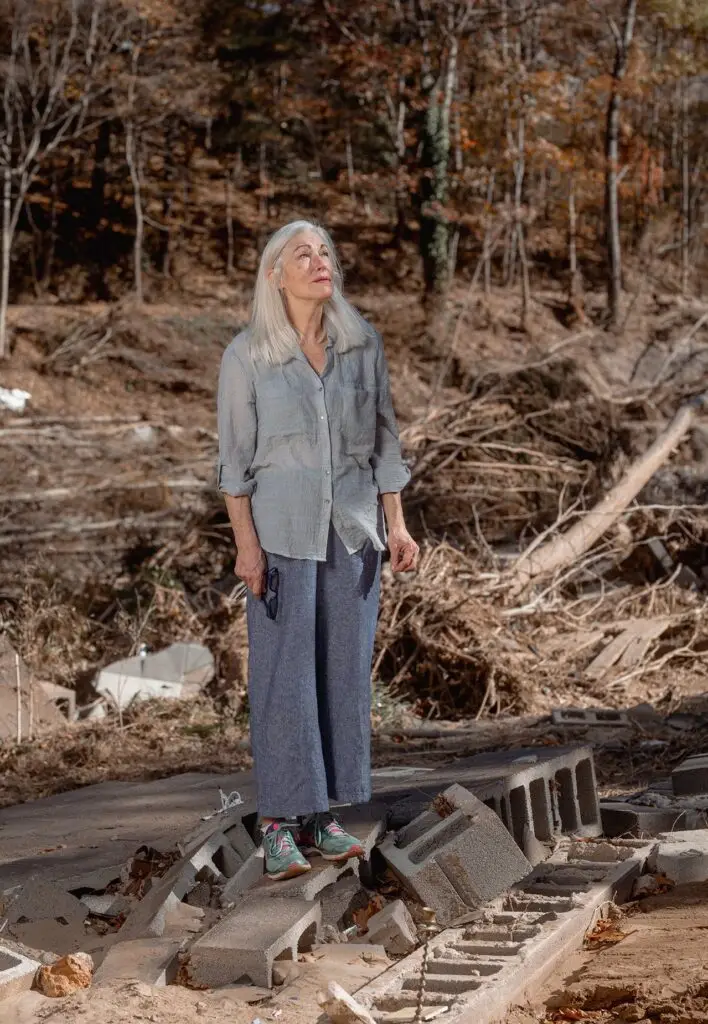A woman with long gray hair stands on broken cinder blocks in a wooded, debris-strewn area